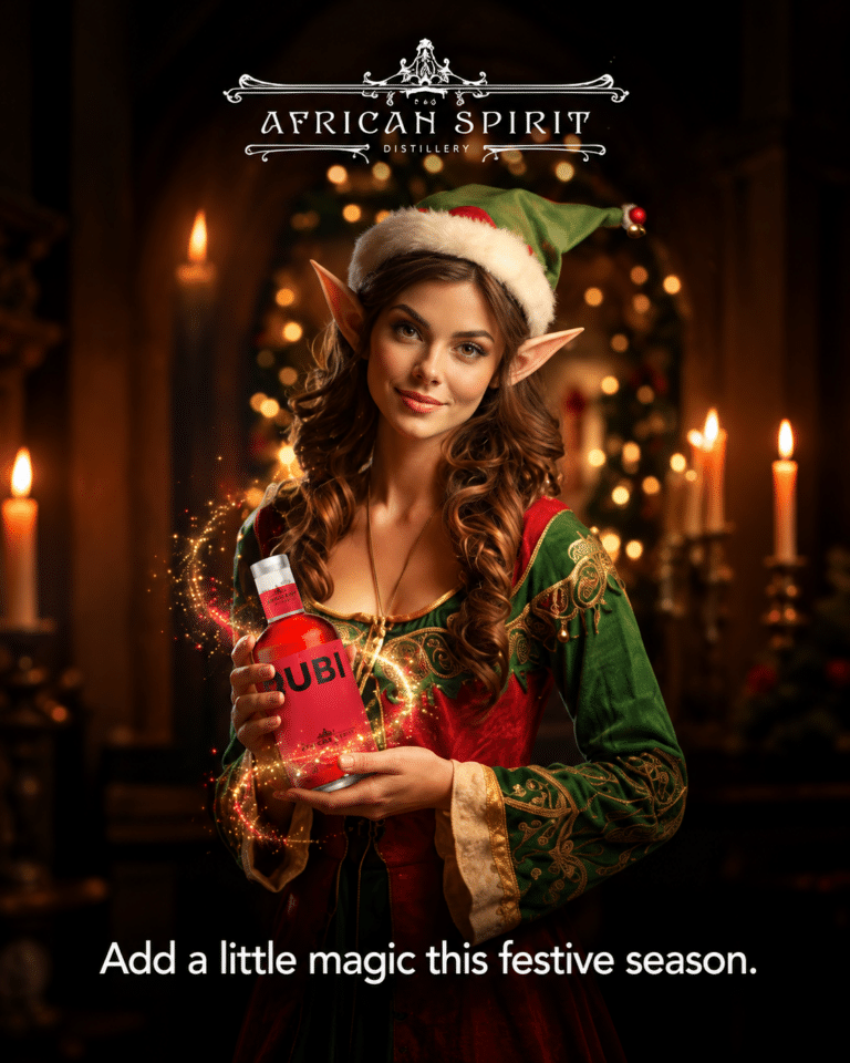 African Spirit festive campaign artwork with a festive character holding a bottle