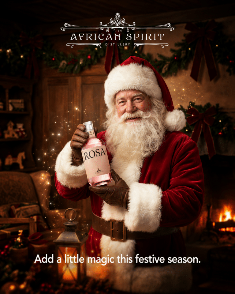 African Spirit festive campaign artwork showing Santa with a bottle