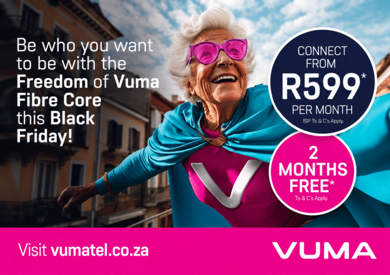 Vuma Fibre Black Friday campaign poster featuring a woman using a phone