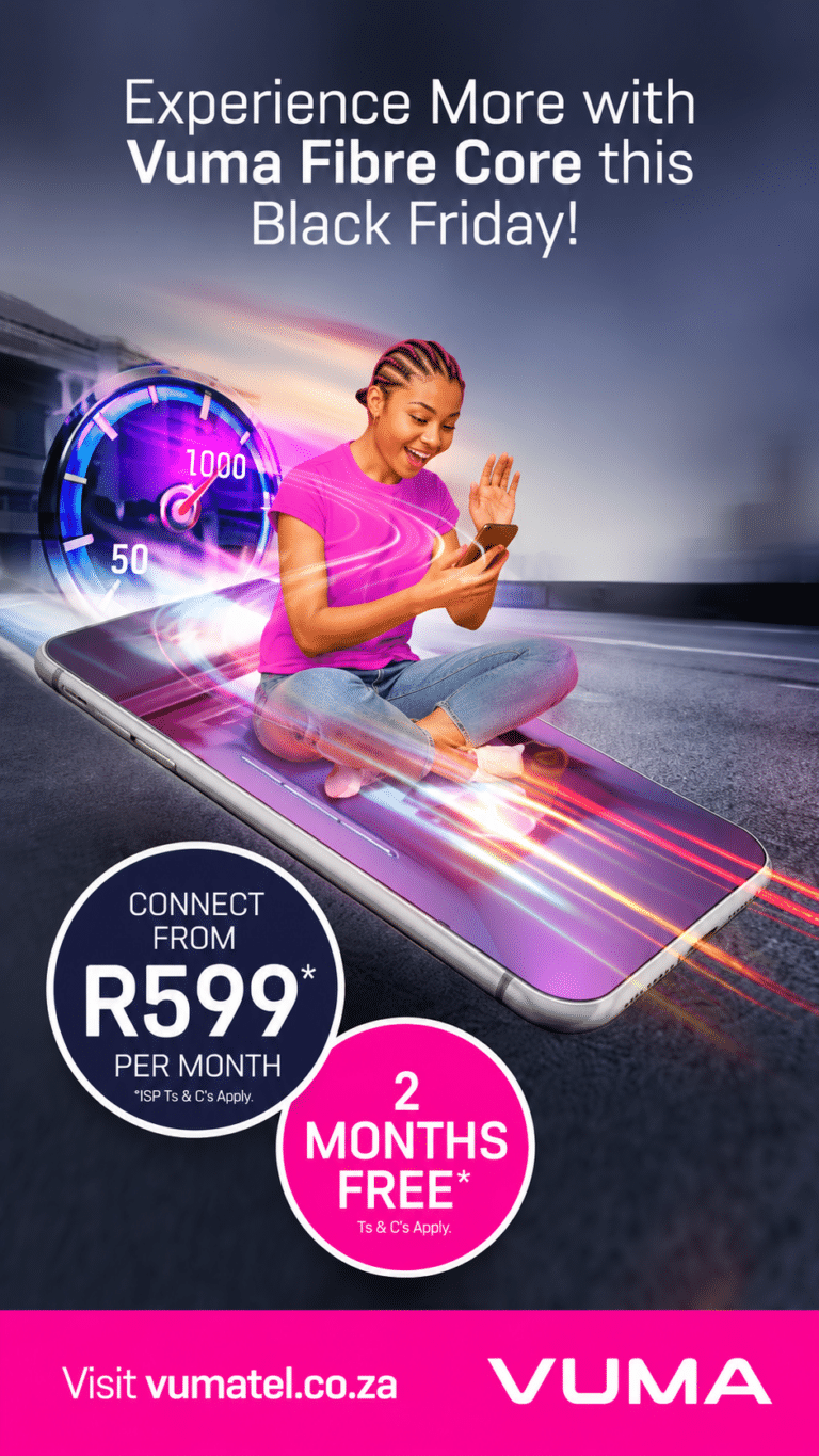 Vuma Fibre Black Friday campaign poster featuring a woman celebrating high-speed internet