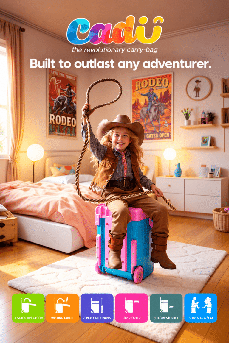 Cadii Adventurer carry-bag campaign artwork showing a child dressed as a cowboy