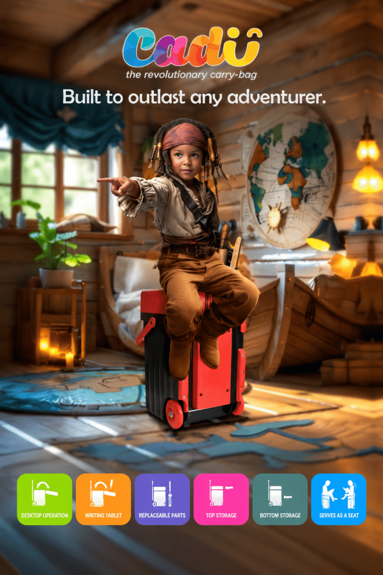 Cadii Adventurer carry-bag campaign artwork showing a child in an explorer outfit