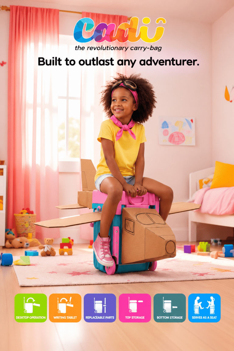 Cadii Adventurer carry-bag campaign artwork showing a child riding a suitcase