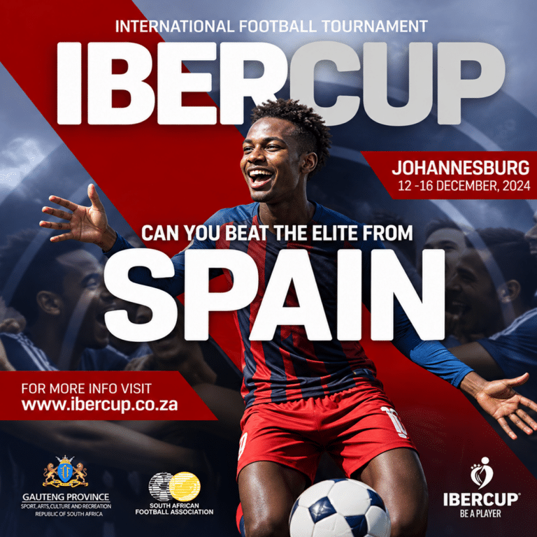 Ibercup football tournament campaign poster featuring a player in a red and blue kit