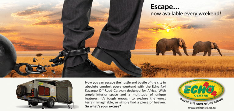 Echo 4x4 campaign artwork showing a couple escaping to the African savannah with the message that weekend getaways are available