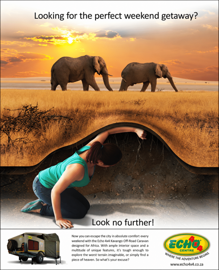 Echo 4x4 getaway campaign artwork showing elephants in the savannah and a woman exploring beneath ground level