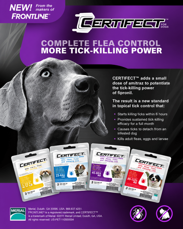 Certifect for Dogs print campaign artwork featuring a dog and product information about tick control