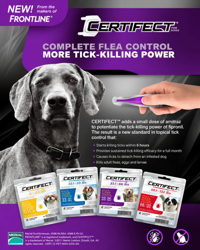 Certifect for Dogs print campaign artwork featuring a dog and a topical tick-control product