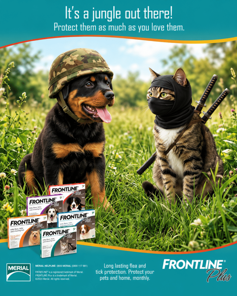 Frontline Plus print campaign artwork showing a dog and cat dressed as a soldier and ninja, with pet flea and tick protection messaging