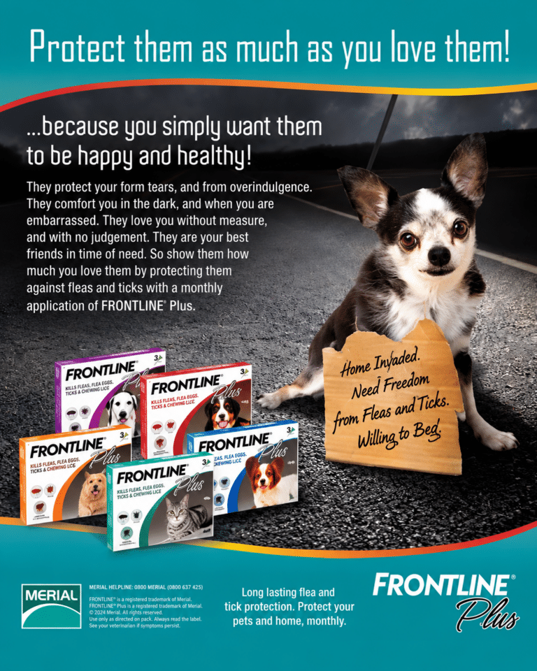 Frontline Plus print campaign artwork showing a dog holding a handwritten message about flea and tick protection