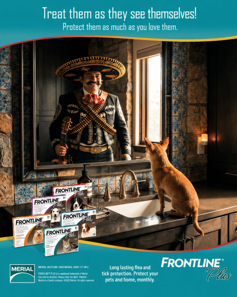 Frontline Plus print campaign artwork showing a dog looking at a mariachi musician in a mirror