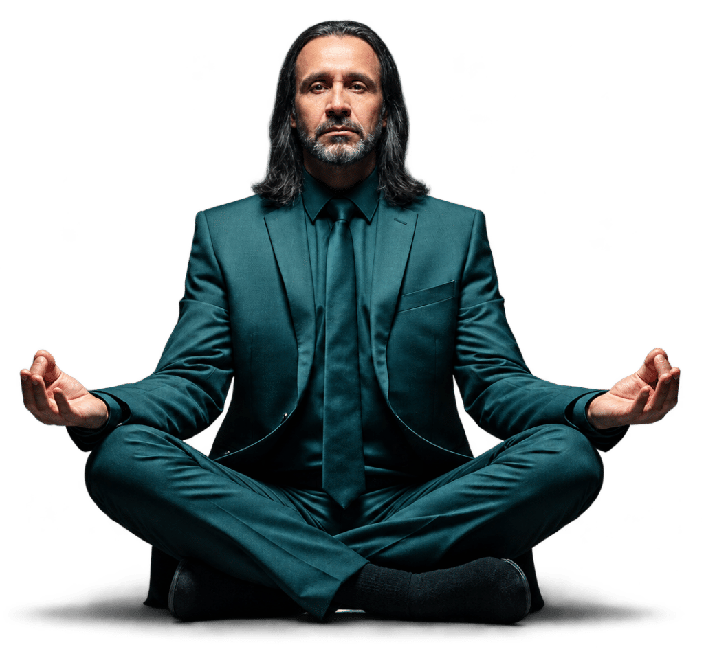 Ian McGuckin seated in a dark turquoise suit, portfolio portrait