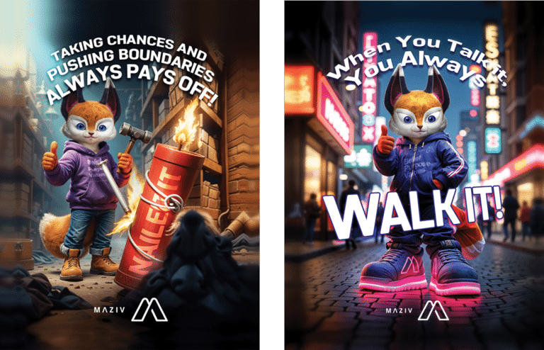 Social media campaign artwork featuring an animated cat mascot and motivational message