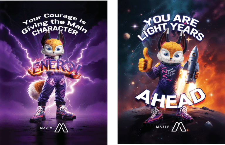 Social media campaign artwork featuring a cat mascot in a city scene with a motivational message