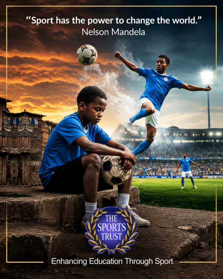 Sports Trust campaign artwork with Nelson Mandela quote about sport