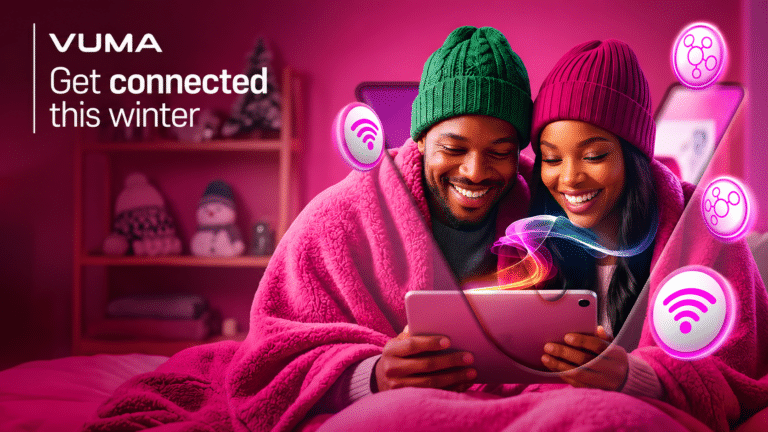 Vuma winter social promotion artwork showing a couple connecting at home