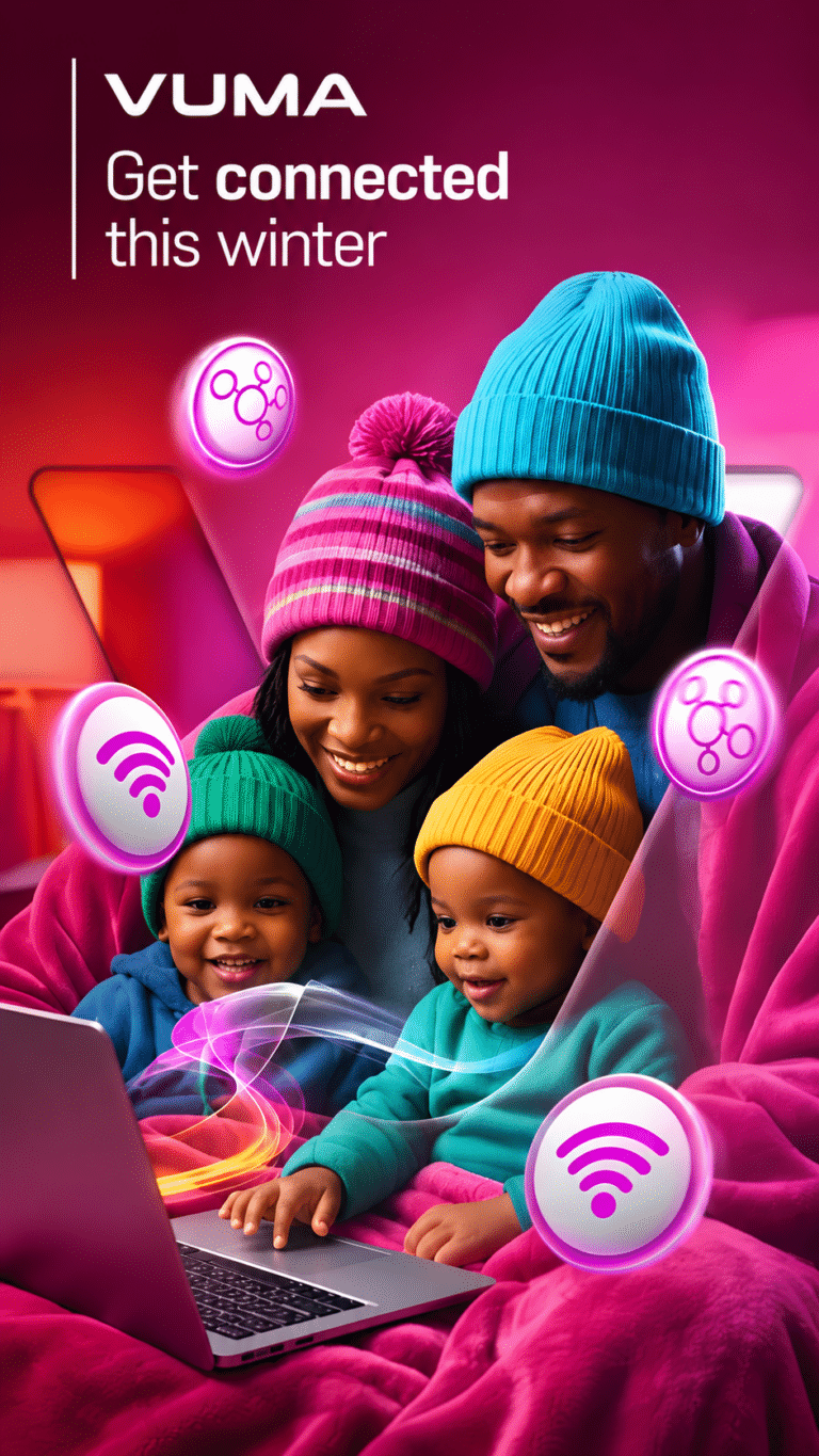 Vuma winter social promotion artwork showing a family connecting at home